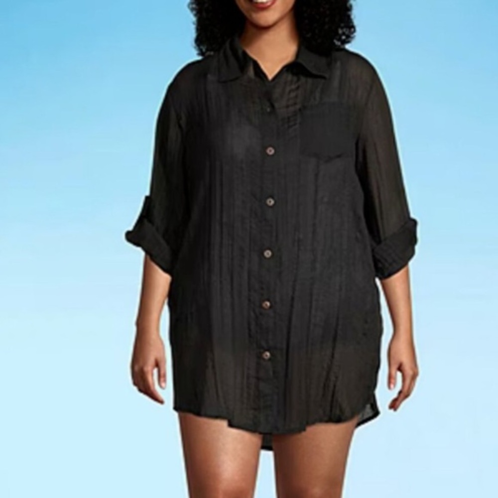 Mynah Cotton Blend Crinkle Black Button-Up Swim Cover Up, NWT XXL Ret $40